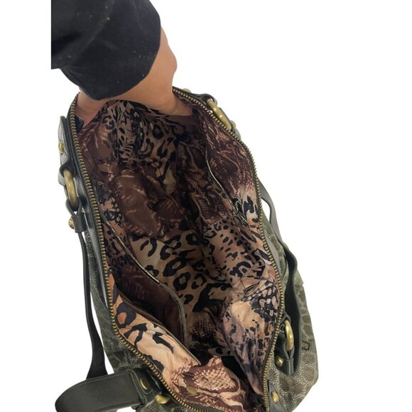 Sharif Womens Shoulder Handbag Green Leopard Print Leather satchel hobo Purse - Picture 5 of 15